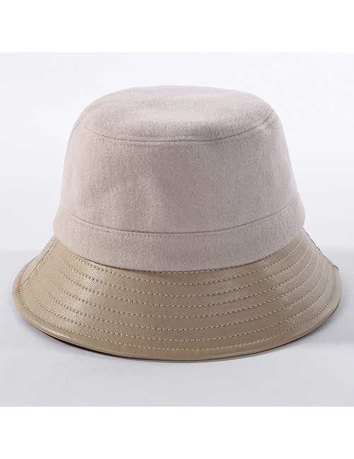 Fashion Beige Woolen Leather Stitching Fisherman Hat