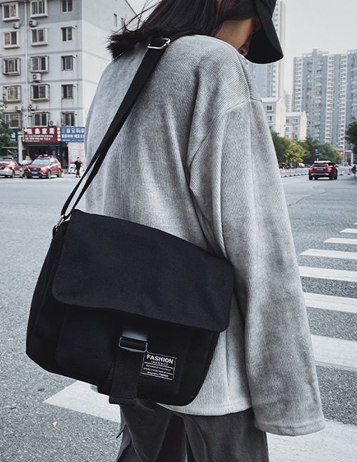 Fashion Black Canvas Labelled Webbing Shoulder Bag