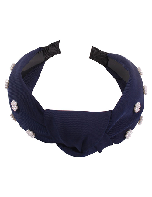 Fashion Navy Blue Cloth Pearl Knotted Headband