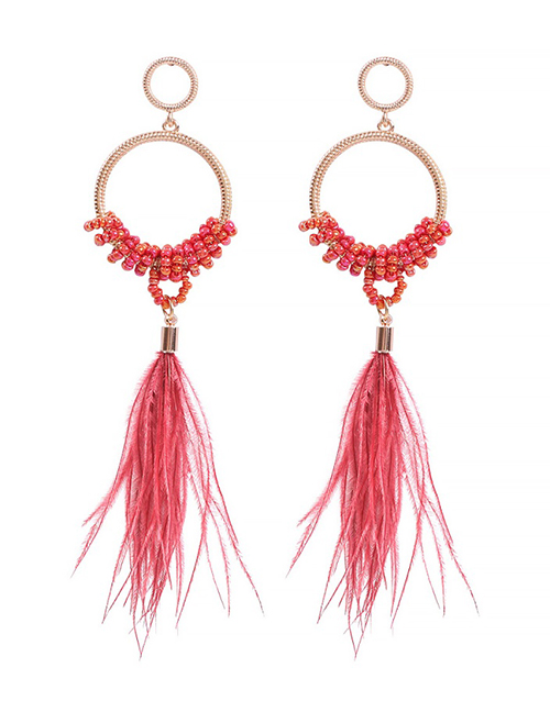 Fashion Red Alloy Rice Beads Feather Earrings