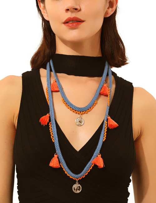 Fashion Blue Alloy Rice Beads Tassel Necklace