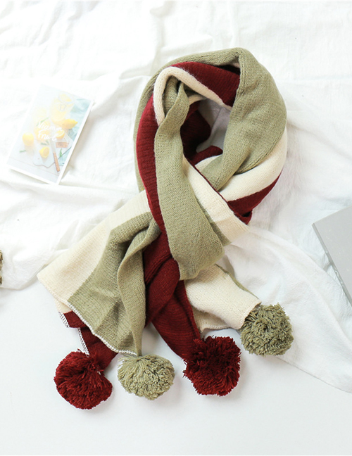 Fashion Bean Green Wine Red Rice Hanging Ball Thickening Stripe Color Matching Double-sided Shawl Scarf