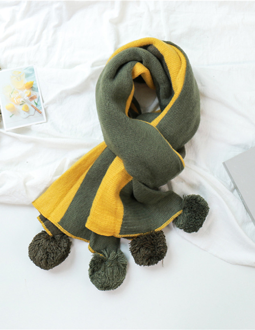 Fashion Army Green Turmeric Hanging Ball Thickening Stripe Color Matching Double-sided Shawl Scarf