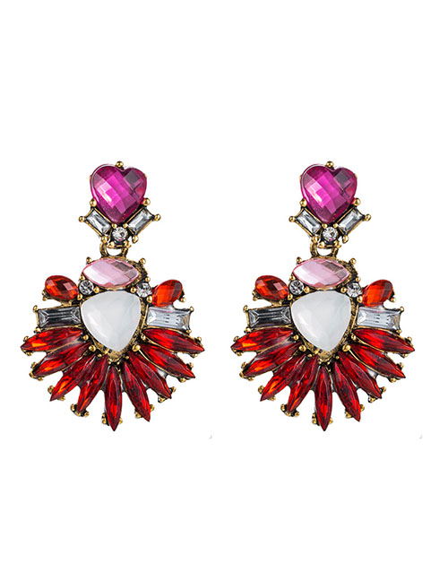 Fashion Red Heart-shaped Alloy Diamond Earrings