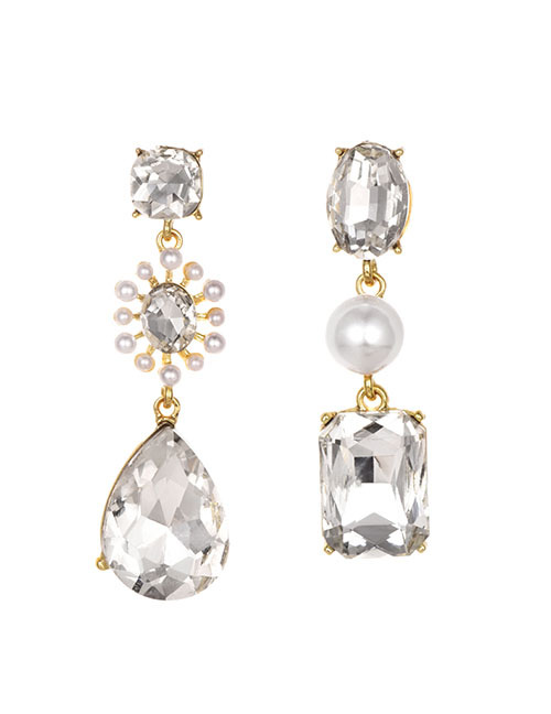 Fashion White Alloy Diamond Asymmetrical Geometric Earrings