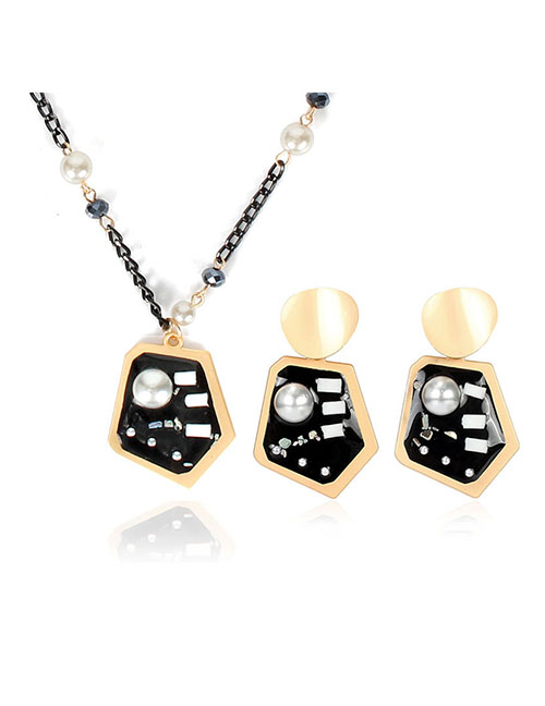 Fashion Black Irregular Earrings Line Necklace Set