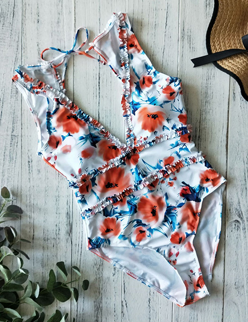 Fashion Orange Flowers On White Printed Small Lace Deep V Open Back Triangle One-piece Swimsuit
