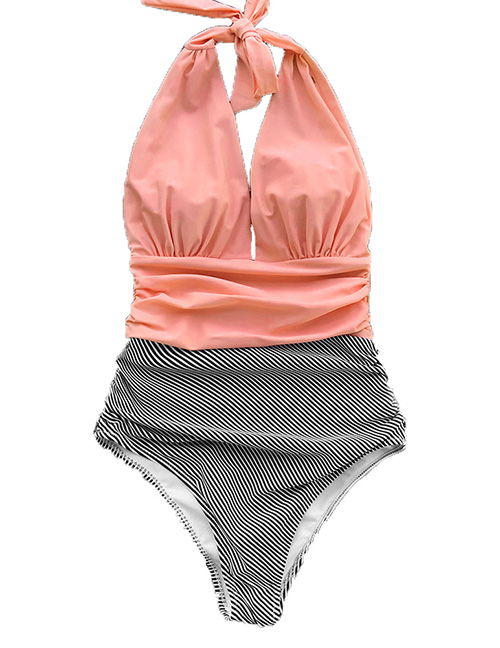 Fashion Pink + Diagonal Stripes Bandage Striped One-piece Swimsuit
