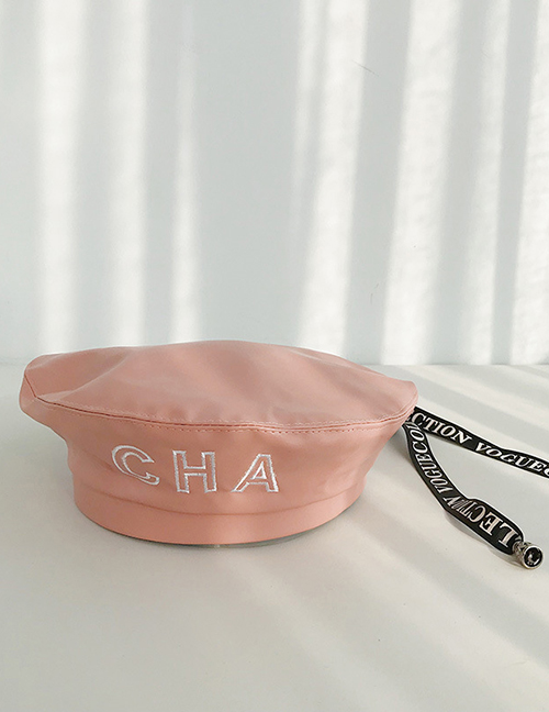 Fashion Cha Ribbon Pink Pu Leather Letter Ribbon Beret