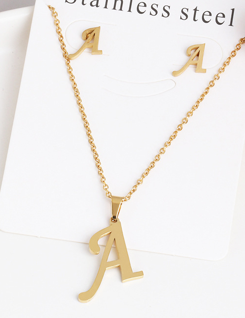 Fashion A Gold Stainless Steel Letter Necklace Earrings Two-piece