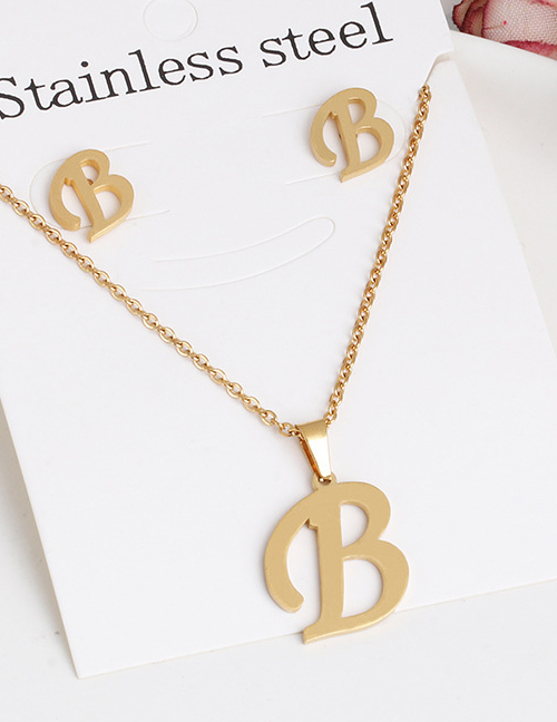 Fashion B Gold Stainless Steel Letter Necklace Earrings Two-piece