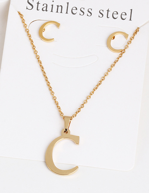 Fashion C Gold Stainless Steel Letter Necklace Earrings Two-piece