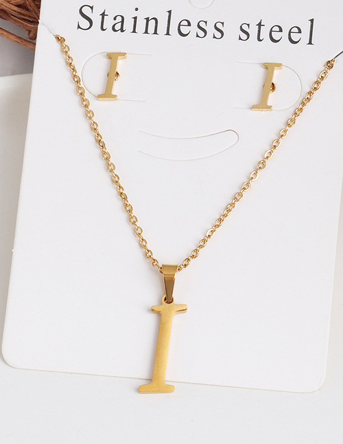 Fashion I Gold Stainless Steel Letter Necklace Earrings Two-piece