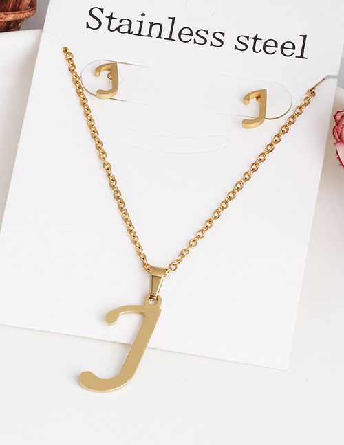 Fashion J Gold Stainless Steel Letter Necklace Earrings Two-piece