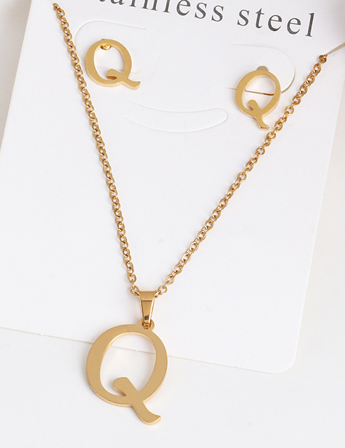 Fashion Q Gold Stainless Steel Letter Necklace Earrings Two-piece