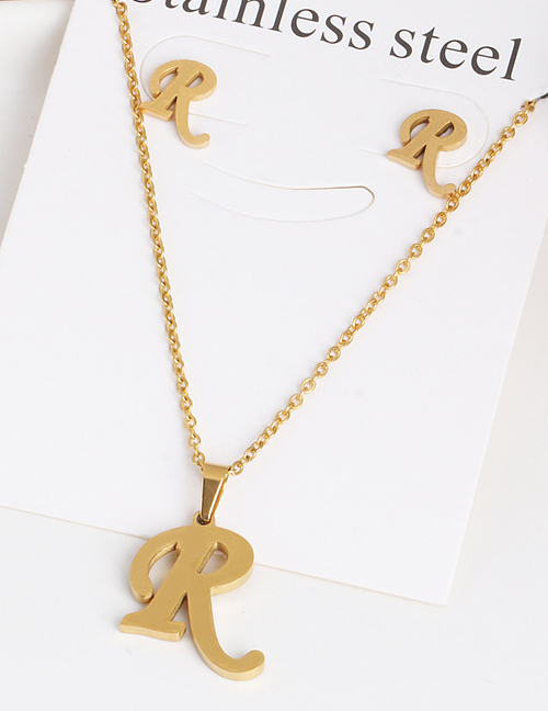 Fashion R Gold Stainless Steel Letter Necklace Earrings Two-piece
