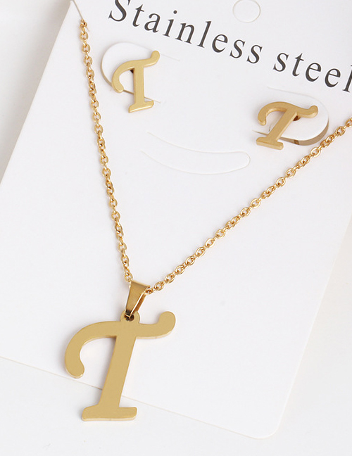 Fashion T Golden Stainless Steel Letter Necklace Earrings Two-piece