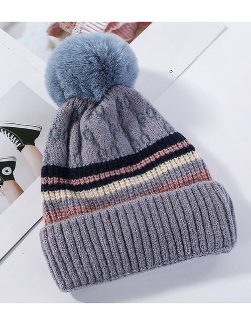 Fashion Gray-blue Knitted Wool Ball Color Matching And Cashmere Cap