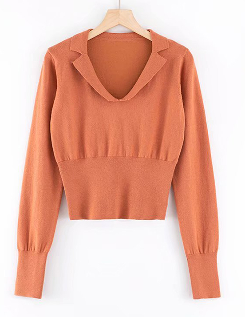 Fashion Caramel Colour Lapel Short Knit Sweater