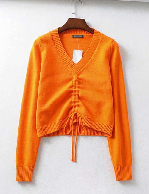Fashion Orange V-neck Drawstring Pleated Sweater