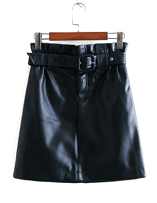 Fashion Black Belted Faux Leather A-line Skirt