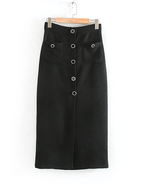 Fashion Black Texture Patch Pocket Straight Skirt