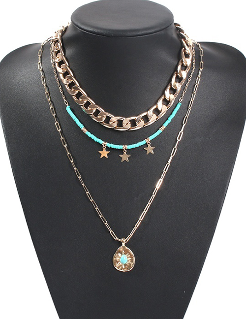 Fashion Blue Alloy Diamond Beaded Star Double Layer Necklace