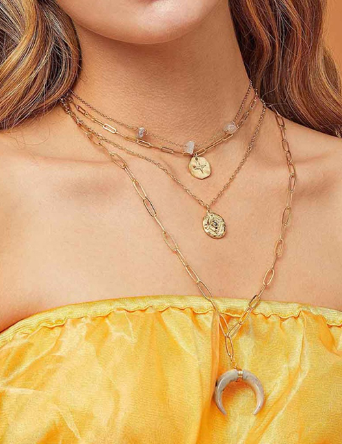Fashion Gold Alloy Stone Crescent Multilayer Necklace