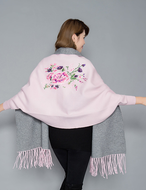 Fashion Pink Cashmere Double-sided Embroidery Can Be Worn With Sleeves Tassel Scarf Shawl Cloak