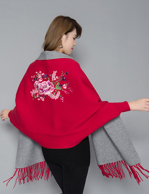 Fashion Wine Red Cashmere Double-sided Embroidery Can Be Worn With Sleeves Tassel Scarf Shawl Cloak