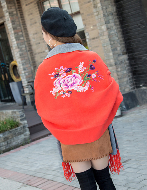 Fashion Orange Cashmere Double-sided Embroidery Can Be Worn With Sleeves Tassel Scarf Shawl Cloak
