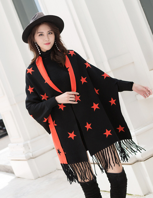 Fashion Black Orange Knitted Fringed Cloak Shawl Sweater