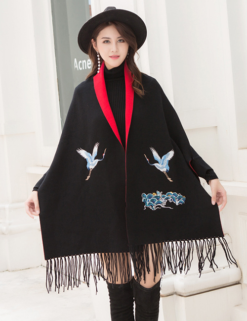 Fashion Black Cashmere Double Sided Can Be Worn With Sleeve Tassel Cloak Cloak