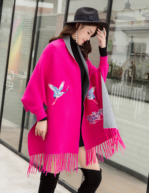 Fashion Rose Red Cashmere Double Sided Can Be Worn With Sleeve Tassel Cloak Cloak