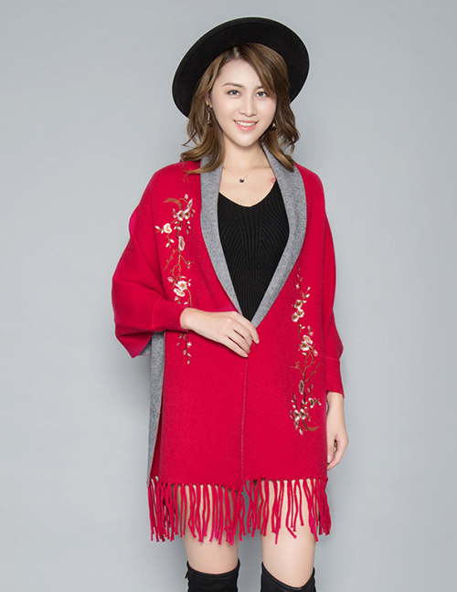 Fashion Wine Red Cashmere Shawl Cloak Coat