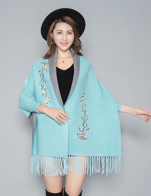 Fashion Lake Blue Cashmere Shawl Cloak Coat