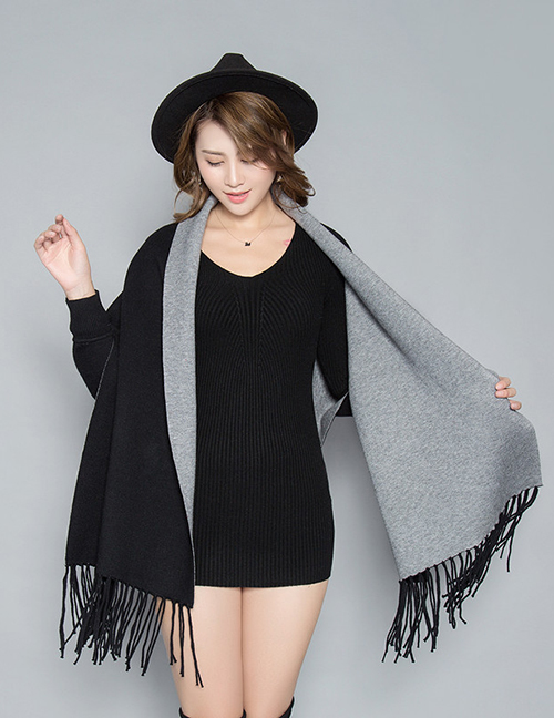 Fashion Black + Gray Double-faced Velvet Color Matching Tassel Cloak Shawl Scarf Dual-use