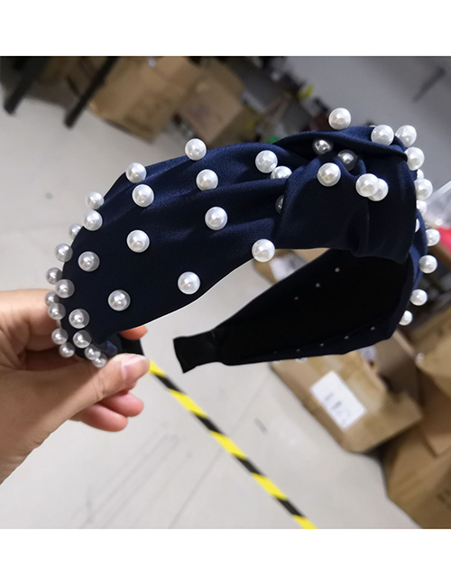 Fashion Navy Cloth Nailed Pearl Knotted Wide-brimmed Headband