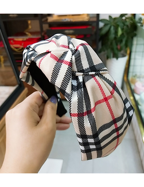 Fashion Beige Plaid Knotted Headband Plaid Knotted Fabric Bow Hairpin Wide-brimmed Headband