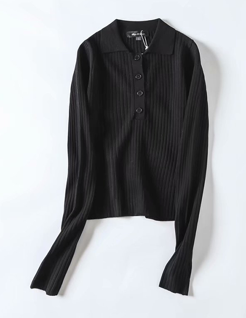 Fashion Black Lapel Knit Sweater