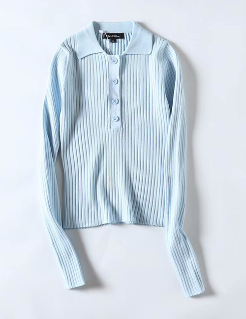 Fashion Blue Lapel Knit Sweater