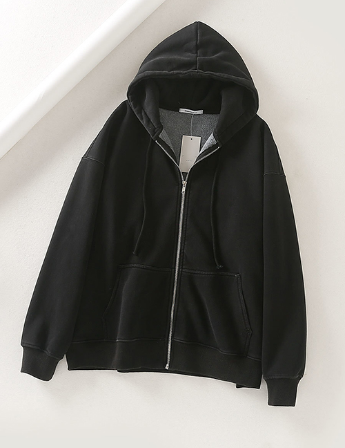 Fashion Washed Black Plus Zip Hooded Sweatshirt
