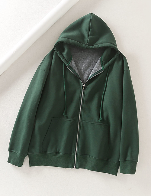 Fashion Dark Green Plus Zip Hooded Sweatshirt