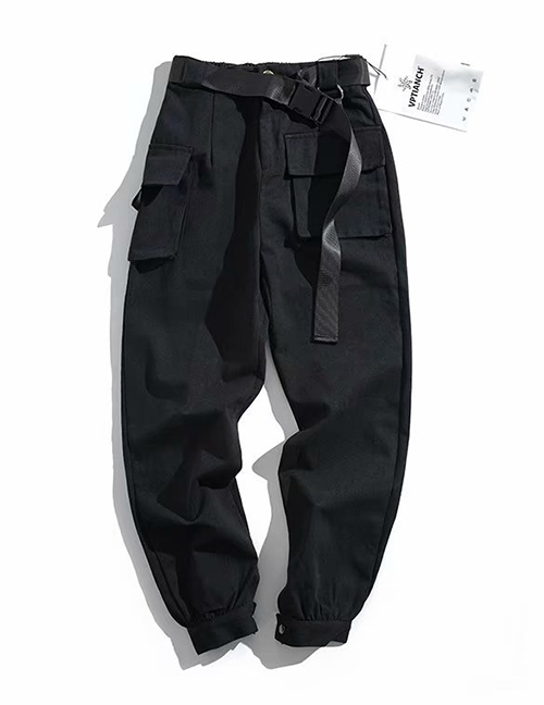 Fashion Black Front Three-dimensional Pocket Straight Pants