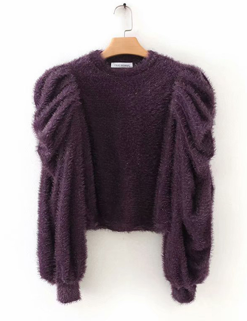 Fashion Purple Cashmere Puff Sleeves Round Neck Stitching Sweater