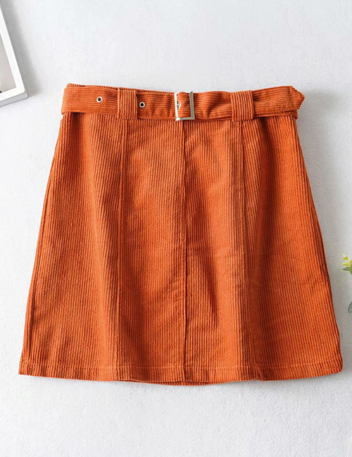 Fashion Orange Corduroy Belt Stitching A Word Skirt
