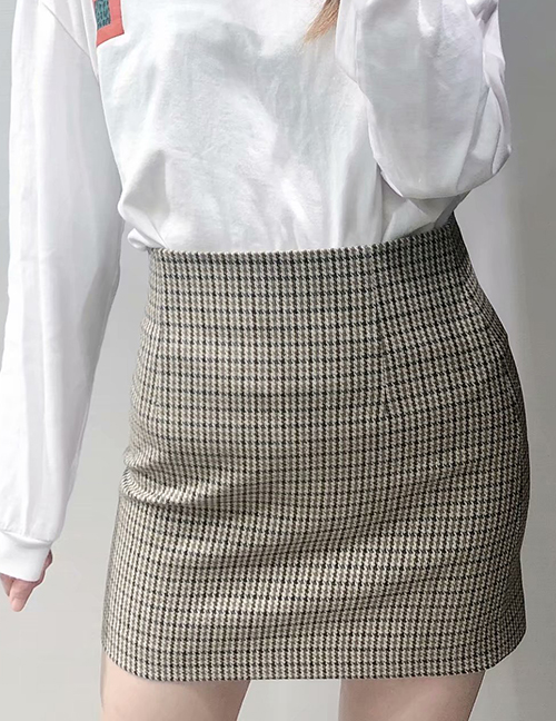 Fashion Khaki Houndstooth A Word Skirt