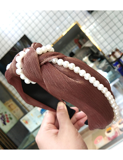Fashion Brown Wide-brimmed Silk Wrinkled Knotted Pearl Headband
