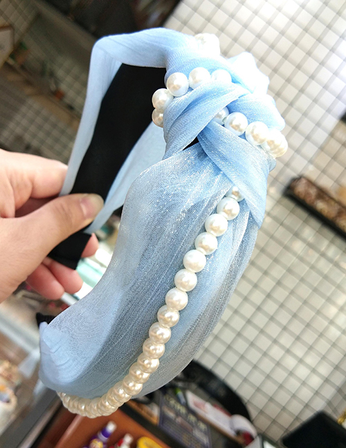 Fashion Lake Blue Wide-brimmed Silk Wrinkled Knotted Pearl Headband