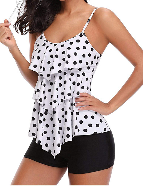 Fashion White Dots Flat Angle Multi-layered Ruffled Split Swimsuit